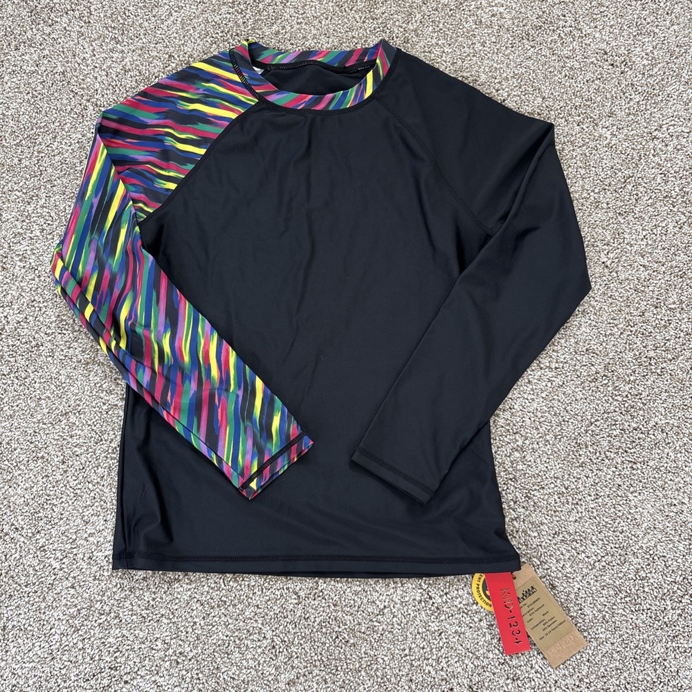 Kid 1234 Girls 13-14y Long Sleeve 2pc Swimwear Rash Guard & Shorts Black Rainbow - Picture 2 of 9